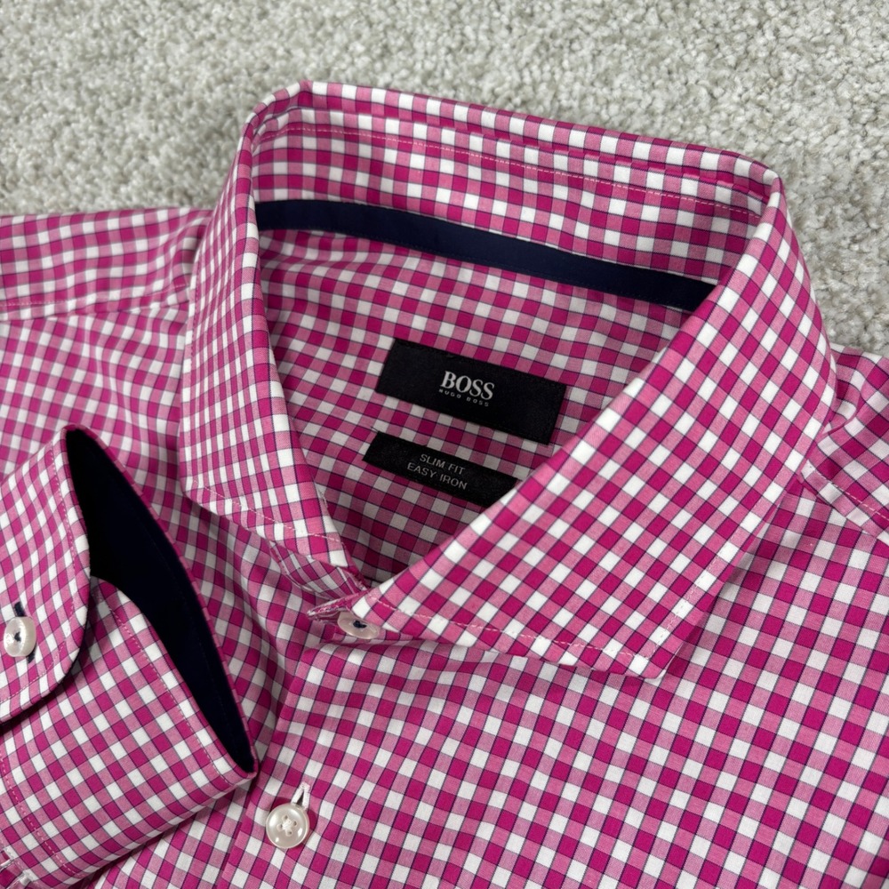 BOSS Hugo Boss Button Down Mens 15.5 32/33 Pink Gingham Slim Fit Easy Iron Shirt